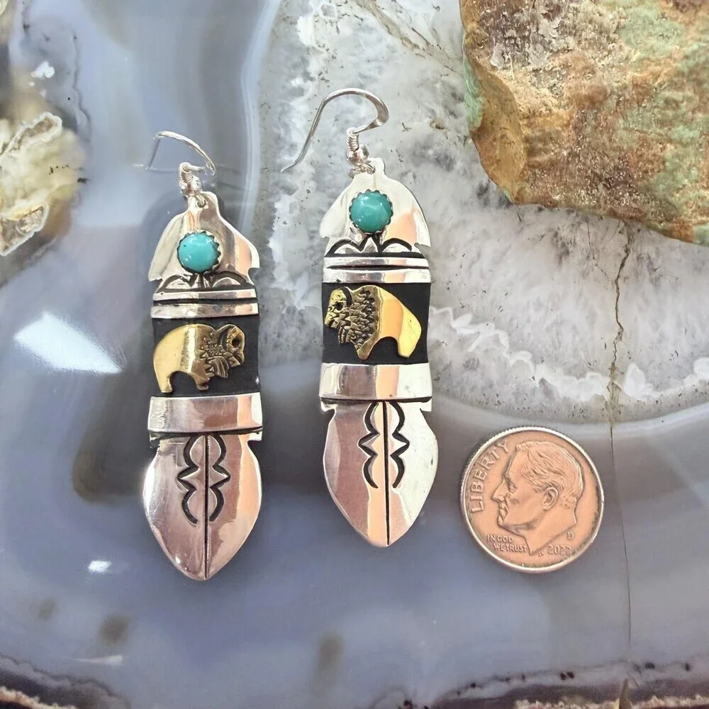 Tommy & Rosita Singer Sterling Silver & GF Bison w/Turquoise Dot Dangle Earrings